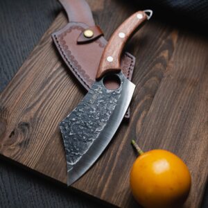 Seido Knives Hakai Chef Cleaver Knife with Curve Rosewood Handle and Premium Leather Sheath - Artisan Crafted High Carbon Stainless Steel for Kitchen, Camping, and BBQ