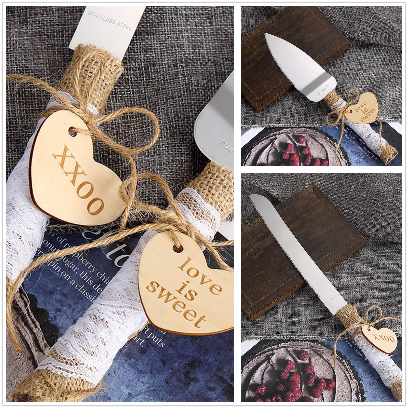 SWTOOL Wedding Cake Knife and Server Set Rustic Style Stainless Steel Cake Cutter Set with Twine Lace and Wood Tag Gifts for Bride and Groom Wedding Anniversaries Parties