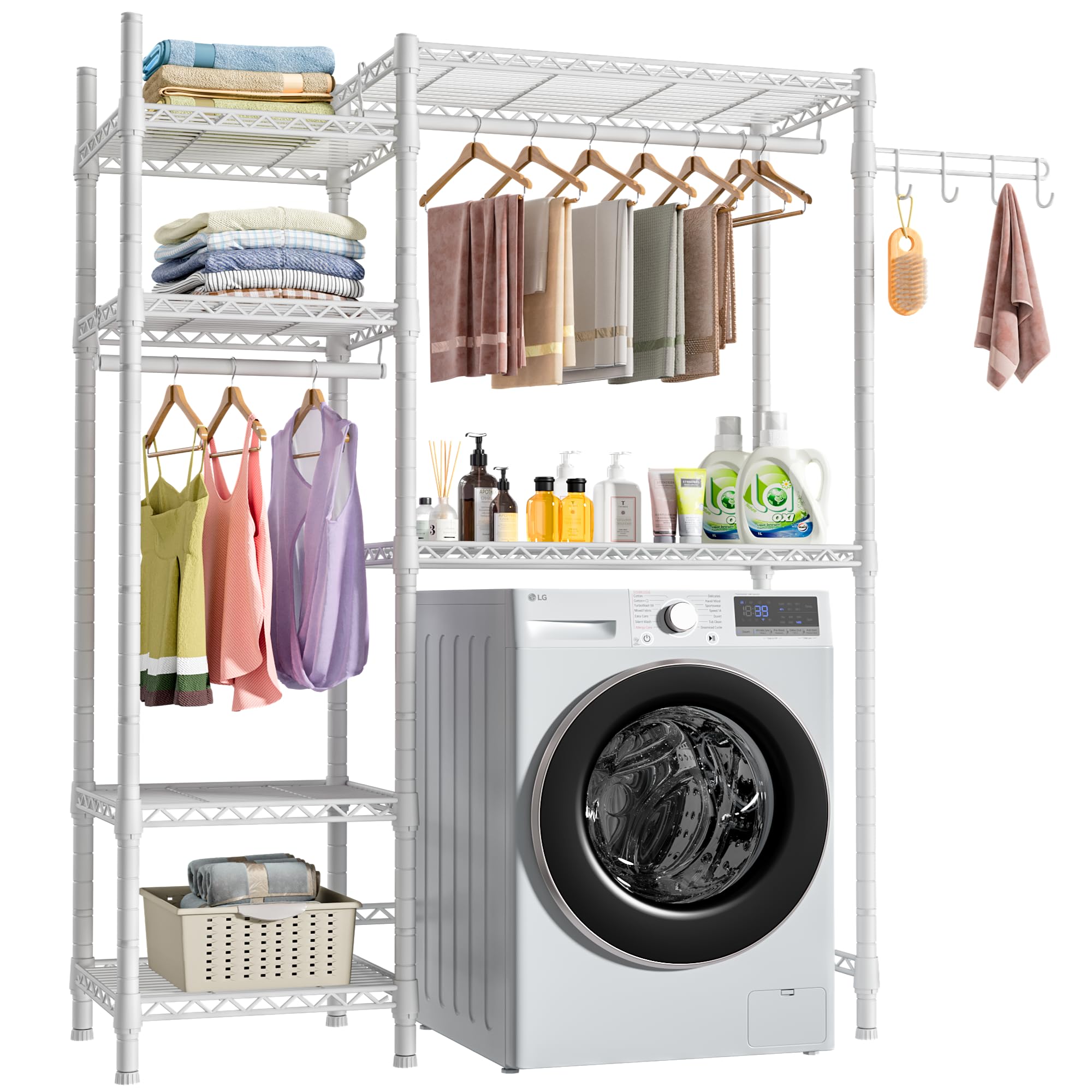 Ulif U7 Over the Washer and Dryer Storage, Laundry Room Heavy-Duty Space Saver with 6 Shelves and 2 Hanger Rods, Laundry Clothes Drying Rack and Toiletries Organizer, 47.2”W x 13.4”D x 77.4”H, White