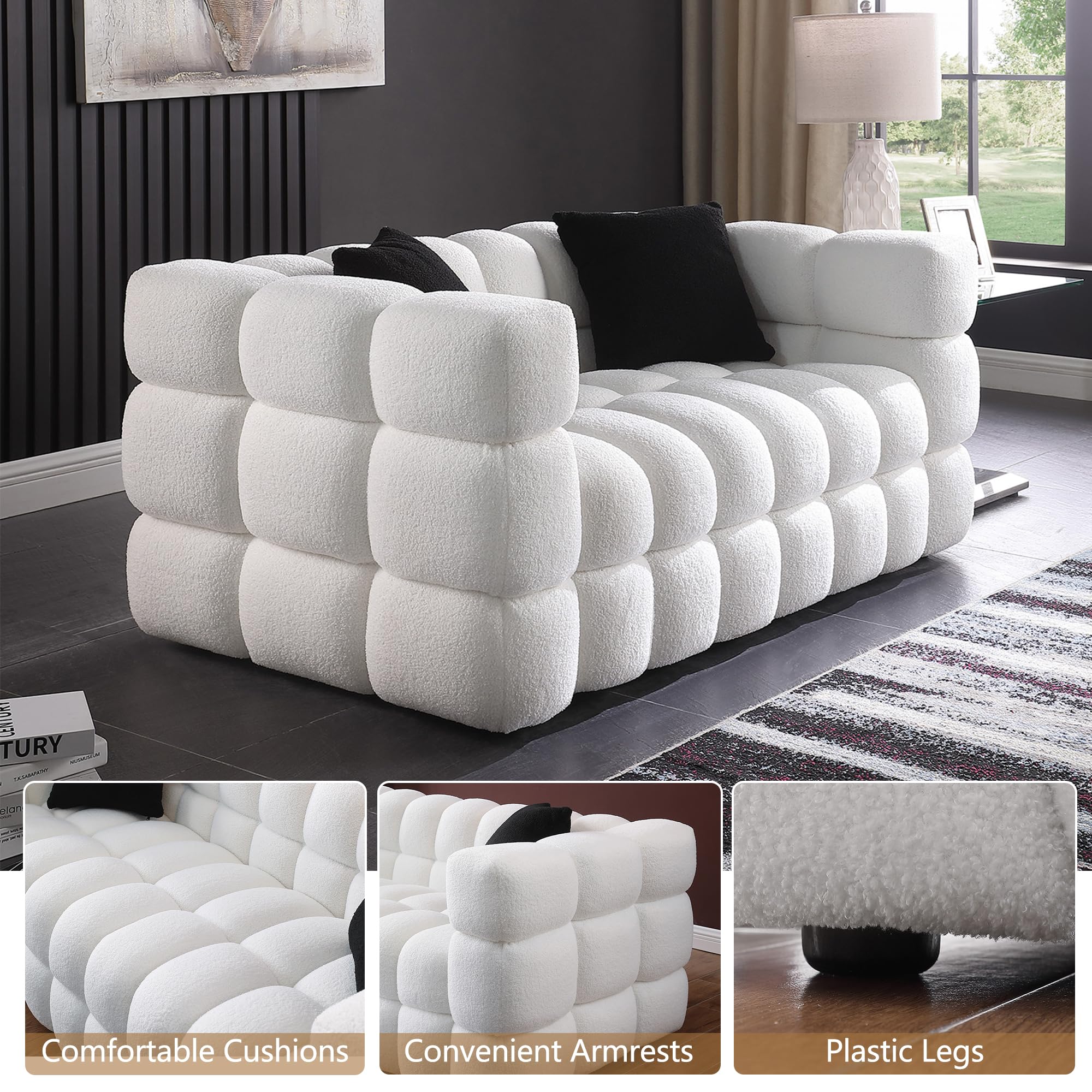 GNIXUU Cloud Sofa Couch, Modern Marshmallow Boucle Fabric Couches with Plastic Legs Upholstered Tufted Loveseat Sofa with 2 Pillows for Living Room, Bedroom, Office, 62 Inch Wide(White)