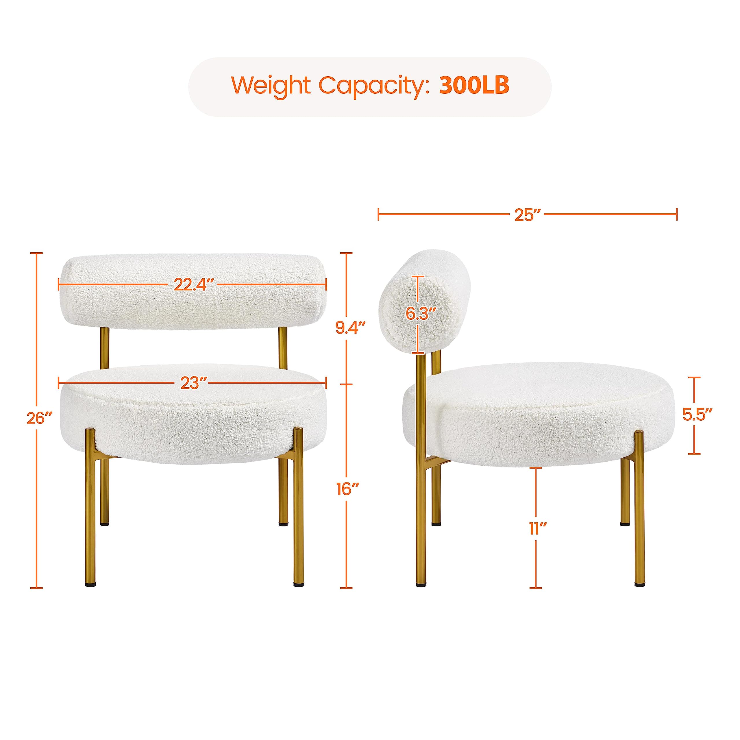 Yaheetech Boucle Accent Chair, Modern Tufted Vanity Chair, Cozy Sherpa Barrel Chair with Gold Legs, Club Chair for Living Room Bedroom Vanity Room Home Office, White