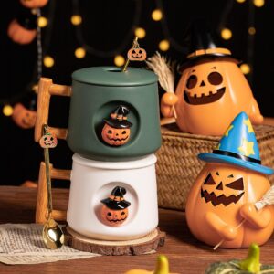 DIHOclub Adorable 3D Ceramic Pumpkin Head Mug with Lid and Spoon - Perfect for Coffee, Tea, Milk, and More - Ideal Gift for Halloween - 14 Ounces (HalloweenG)