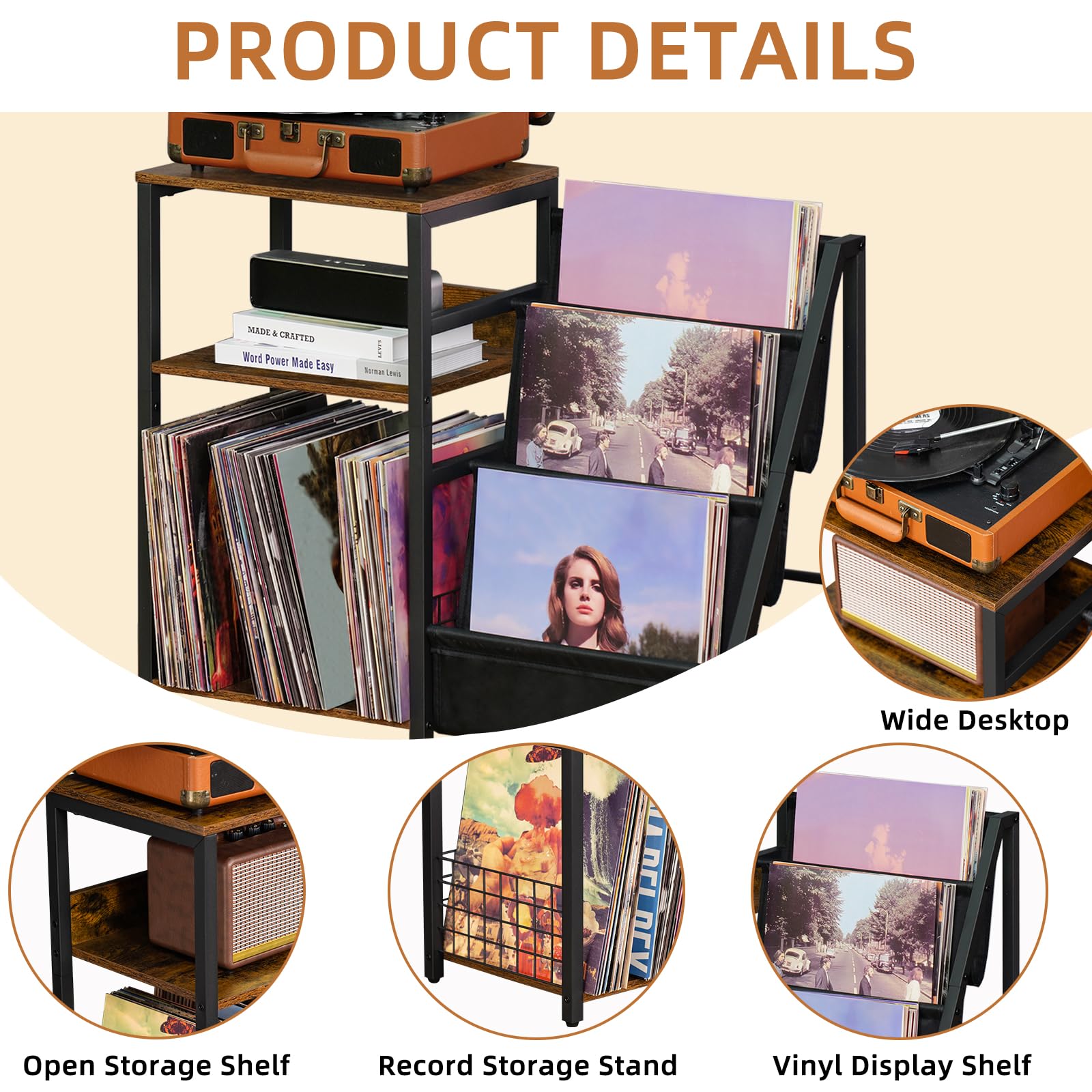 LELELINKY Record Player Stand with Vinyl Storage, 3 Tier Turntable Stand with Display Shelf Storage Up to 150 Albums,Brown End Table for Living Room