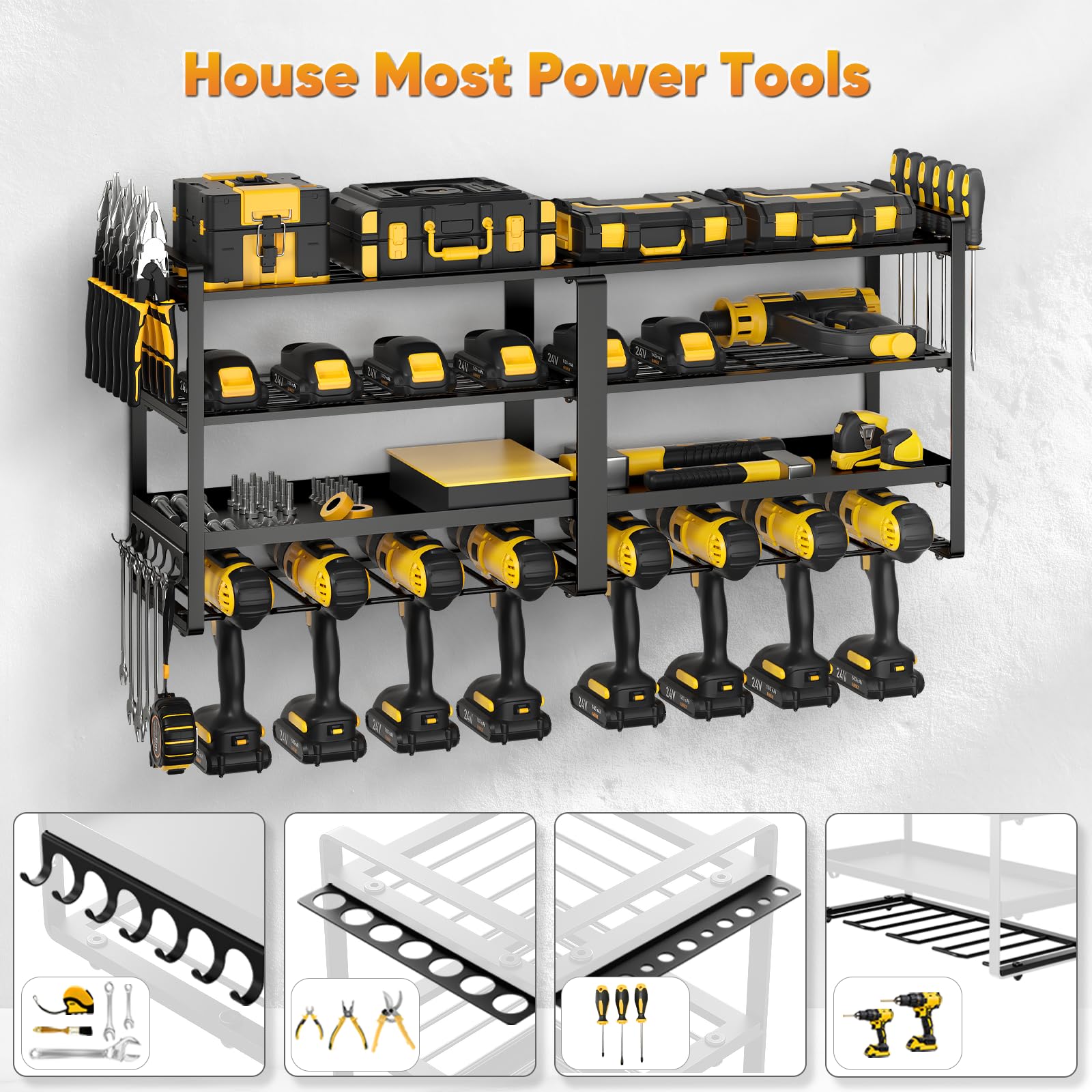 POKIPO Power Tool Organizer Wall Mount, Extended Large Heavy Duty Drill Holder, 4 Layer Garage and Storage, Suitable Utility Racks for Room, Workshop