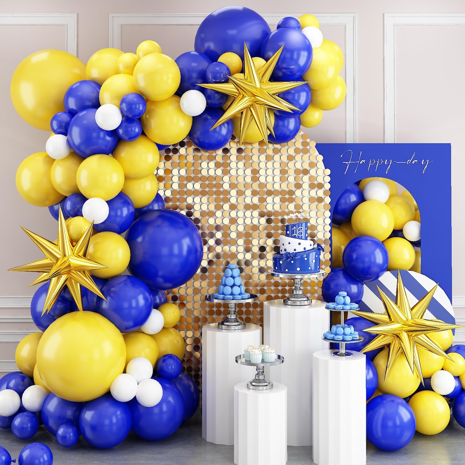 Blue and Yellow Balloon Arch Kit, Royal Blue White Yellow Balloon Garland Kit Latex Baloons with 4D Foil Star Balloons for Baby Shower Anniversary Birthday Wedding Graduation Office Party DIY