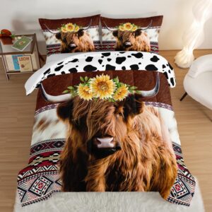 hosima highland cow decor comforter with 2 pillowcases,animal theme western bedding sets queen,brown cowhide black white cow print comforter set for adults kids,sunflower comforter.