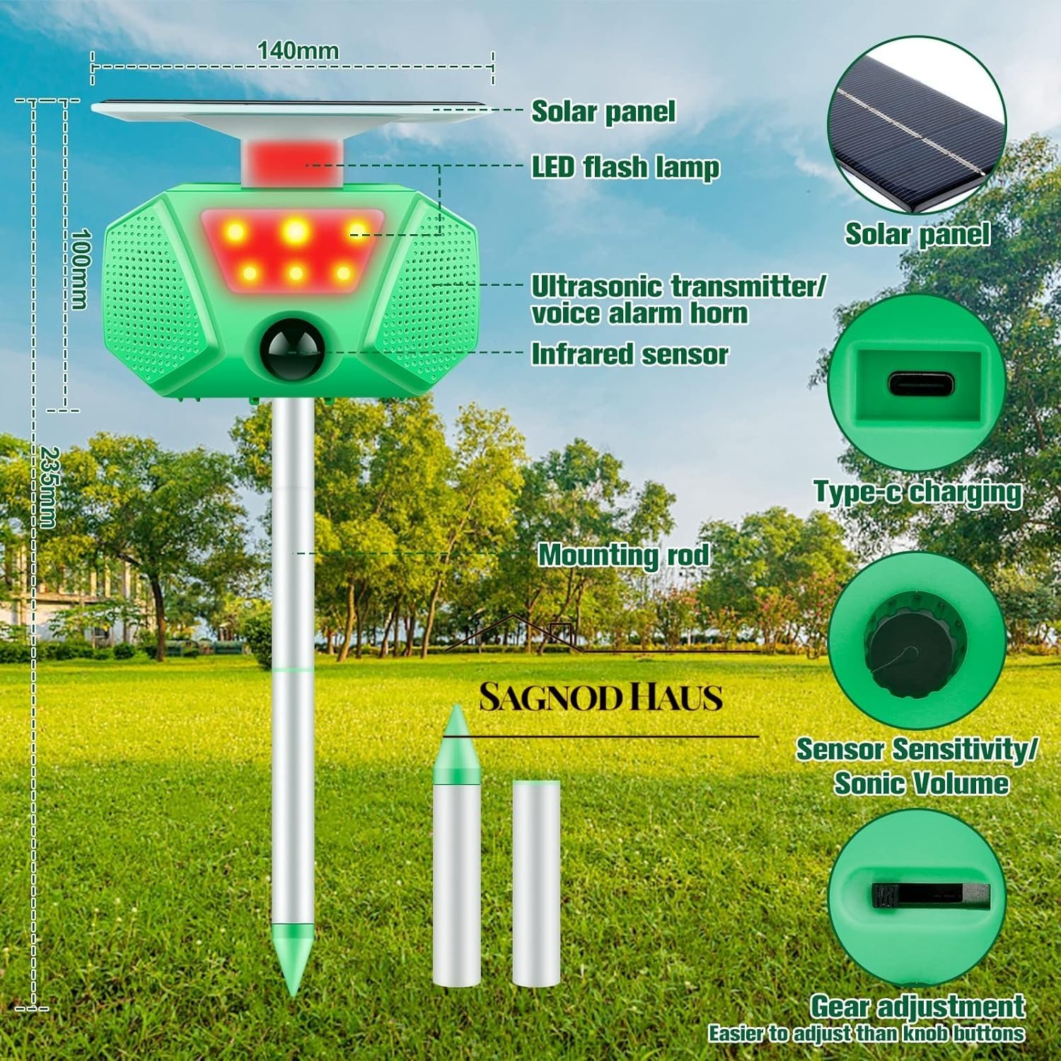 Animal Repellent UltraSonic Outdoor, Solar Power Animal Repeller, Cat/Birds/Deer/Skunk/Rat/Squirrel Deterrent Outdoor/Waterproof with 4 Modes Motion Detection Repeller for Yard,Garden,Farm,Patio.