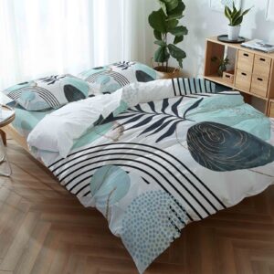 Duvet Cover Set of 4 Queen Size Abstract Mid Century Comforter Sets, Modern Geometric Plants Teal Bedding Set with Zipper Closure and 2 Pillow Cases, Soft Bed Covers Bedroom Decor for All Season