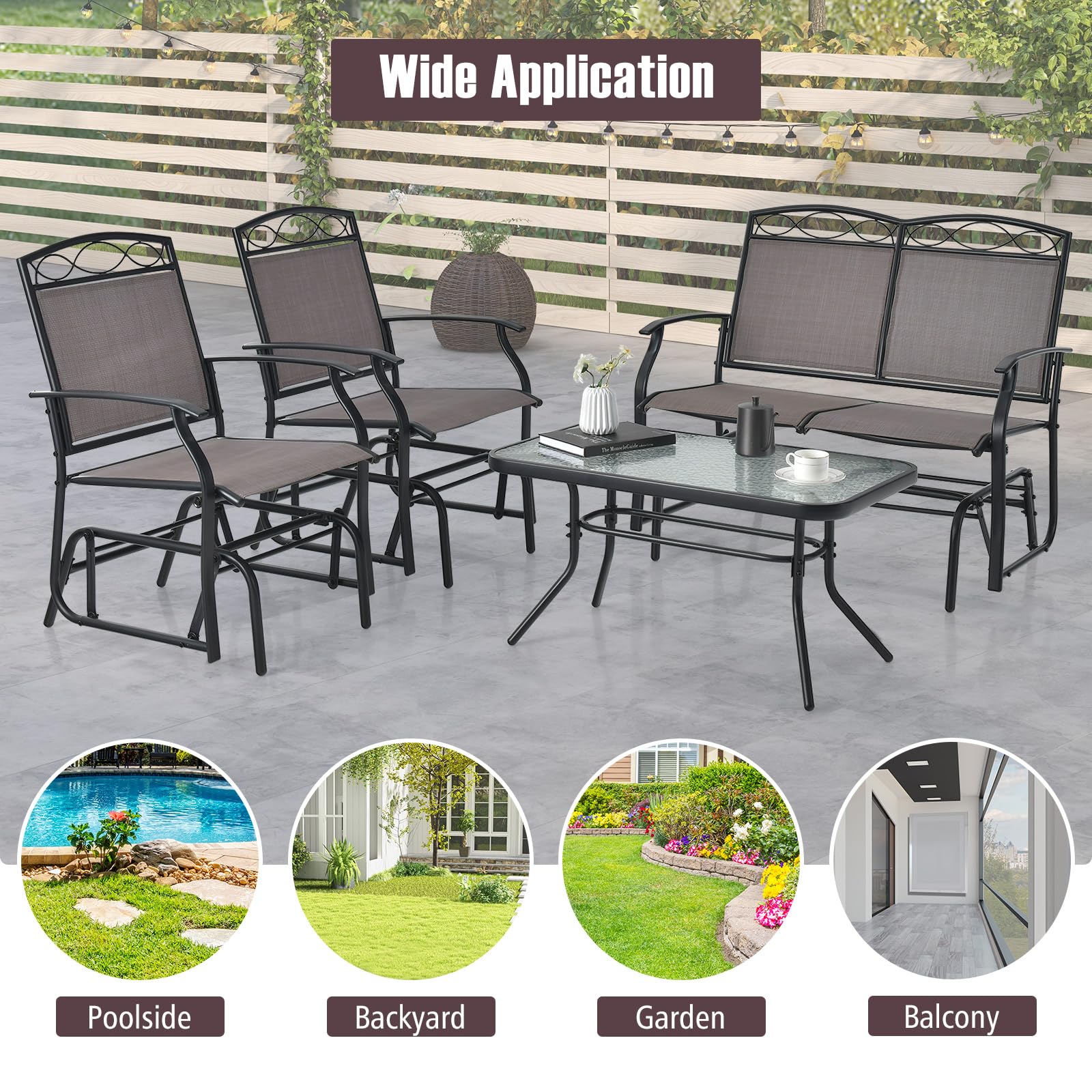 Giantex 4 PCS Outdoor Glider Chairs Set - Patio Furniture Set with Tempered Glass Table, Heavy-Duty Metal Frame, Gliding Rocking Chair, Conversation Set for Front Porch, Yard, Poolside (4 PCS, Brown)