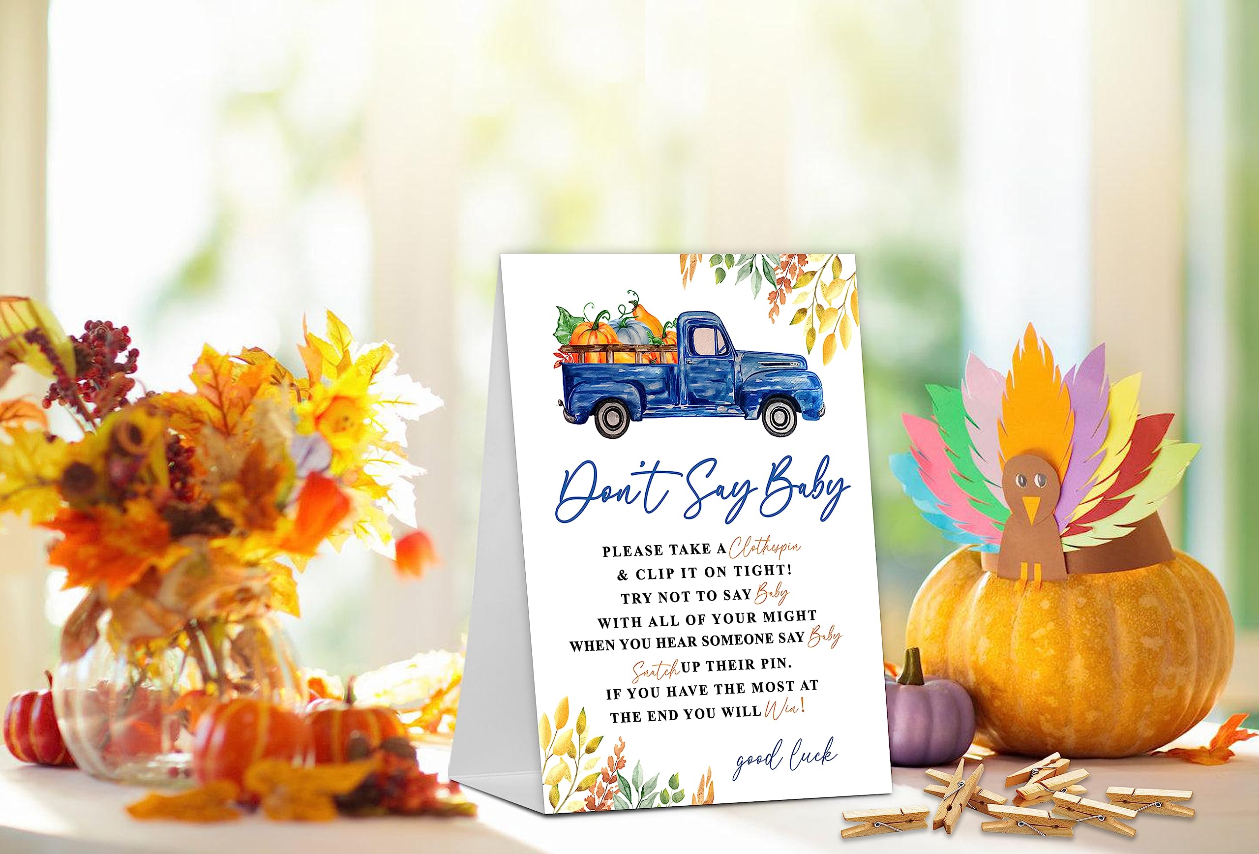 Don't Say Baby Game, Fall Autumn Thanksgiving Pumpkins Baby Shower Game Include Baby Shower Sign and 50 Pcs Mini Clothespins, Gender Neutral Baby Shower Decoration, Party Favors Supplies-LF14