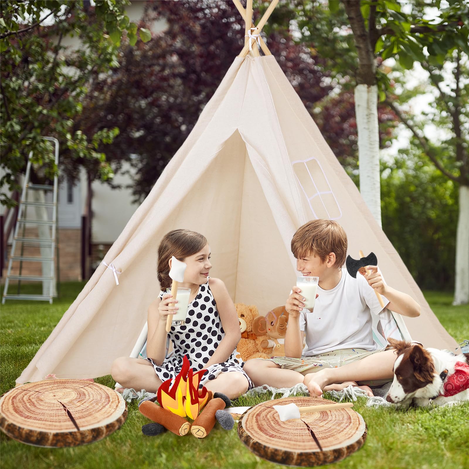 Kigley 24 Pcs Pretend Camping Play Set with Teepee Tent Fake Campfire Felt Toys Wood Style Throw Pillow Cushion for Boys Girls Adults Dramatic Play Home Decorations