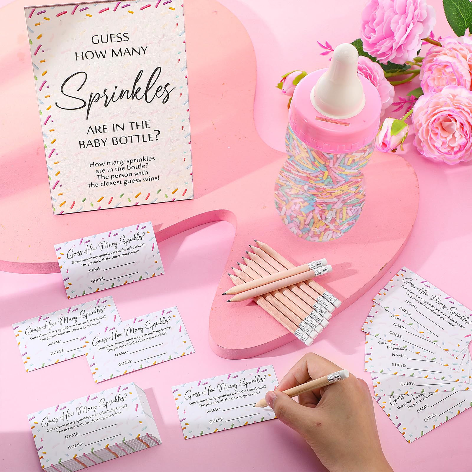 Qilery 122 Pcs Baby Shower Games Guess How Many Sprinkles Included Standing Sign 100 Guessing Cards 20 Pencils 1 Baby Bottle for Baby Shower Gender Reveal Party Favor No Sprinkles(Pink)