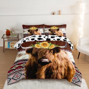 HOSIMA Highland Cow Decor Comforter with 2 Pillowcases,Animal Theme Western Bedding Sets Queen,Brown Cowhide Black White Cow Print Comforter Set for Adults Kids,Sunflower Comforter.