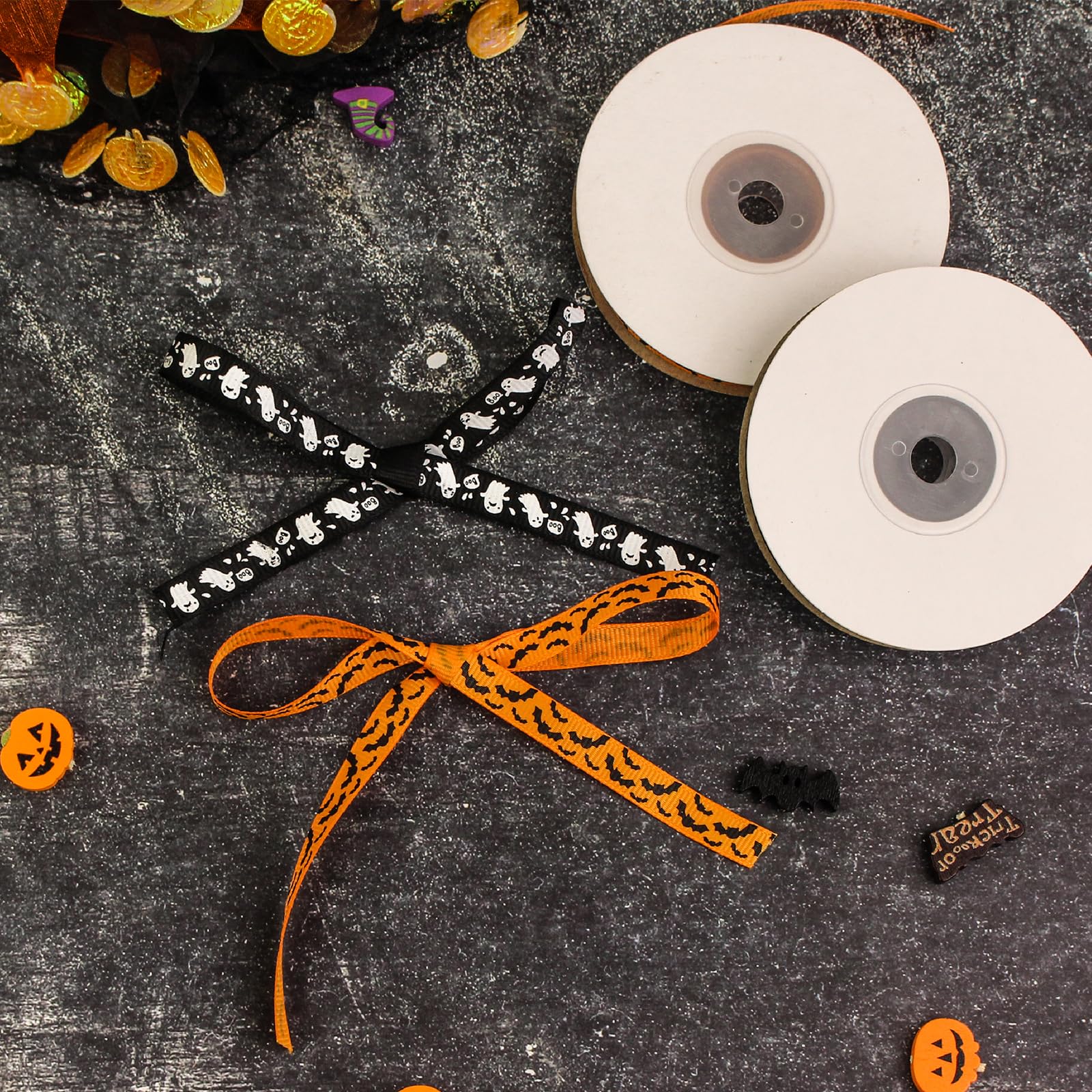 2 Rolls 50 Yards Halloween Ribbon 3/8 Inch Wide, Bat and Ghost Grosgrain Ribbon for Gift Wrapping, Halloween Decoration, Sewing, DIY Crafts (Orange/Black)