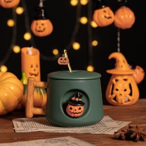 DIHOclub Adorable 3D Ceramic Pumpkin Head Mug with Lid and Spoon - Perfect for Coffee, Tea, Milk, and More - Ideal Gift for Halloween - 14 Ounces (HalloweenG)