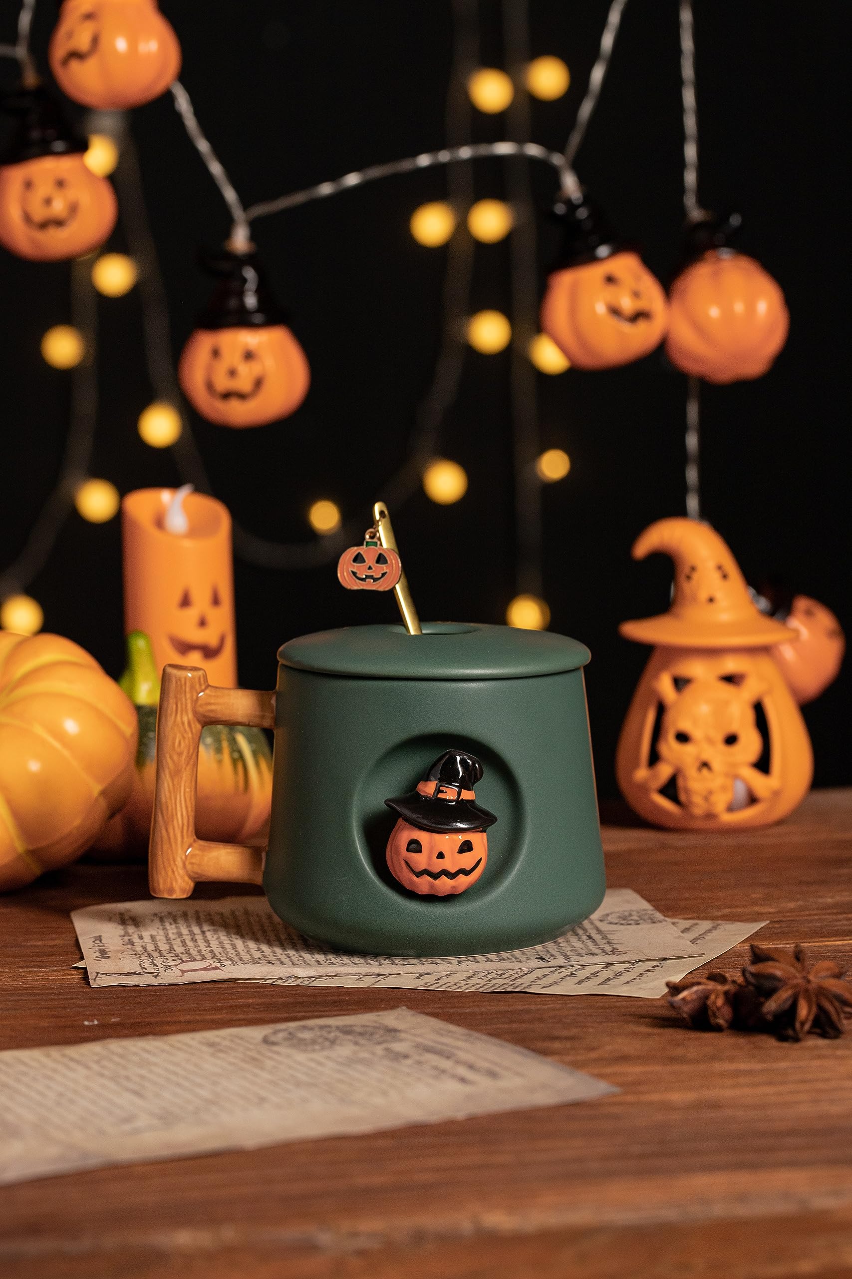 DIHOclub Adorable 3D Ceramic Pumpkin Head Mug with Lid and Spoon - Perfect for Coffee, Tea, Milk, and More - Ideal Gift for Halloween - 14 Ounces (HalloweenG)