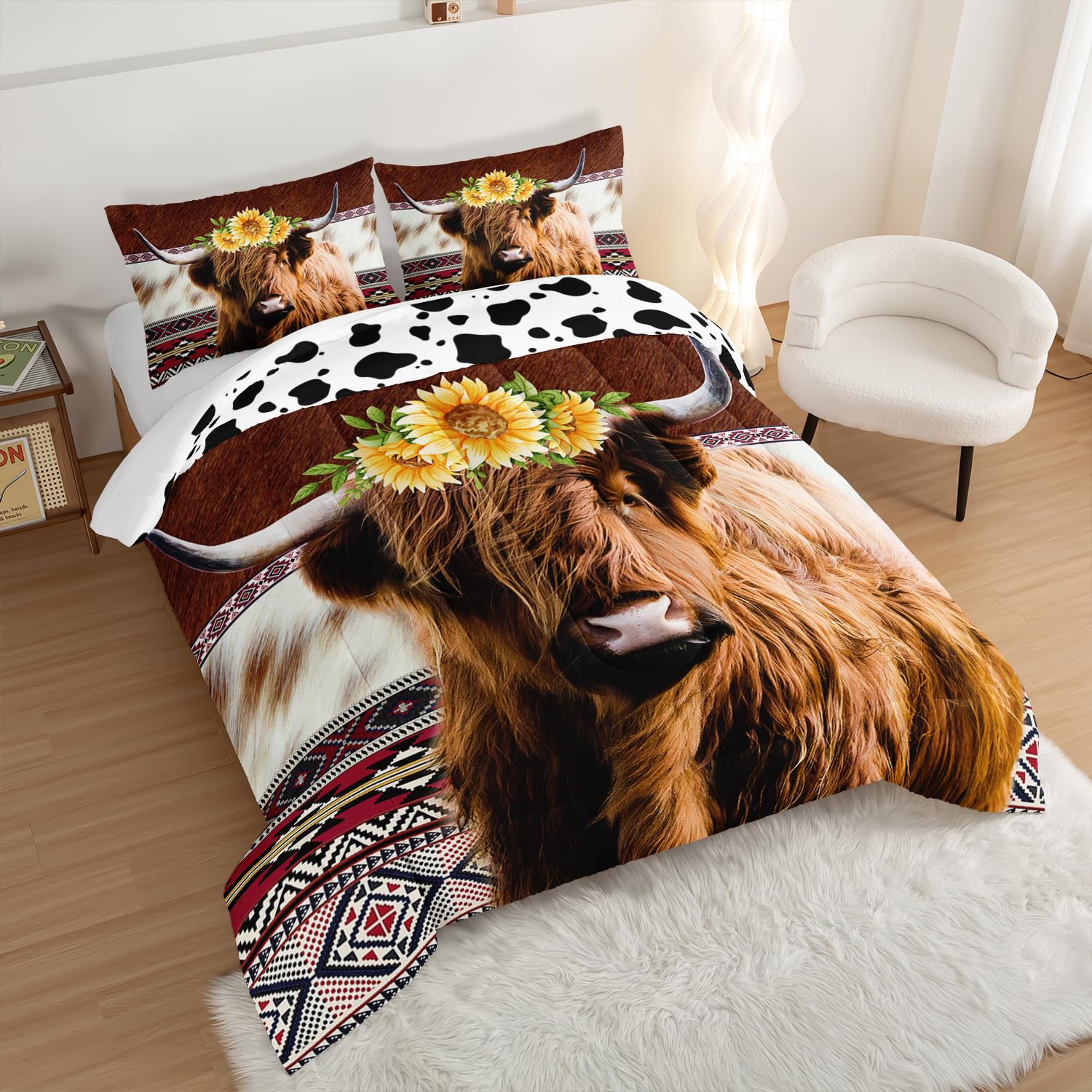 HOSIMA Highland Cow Decor Comforter with 2 Pillowcases,Animal Theme Western Bedding Sets Queen,Brown Cowhide Black White Cow Print Comforter Set for Adults Kids,Sunflower Comforter.