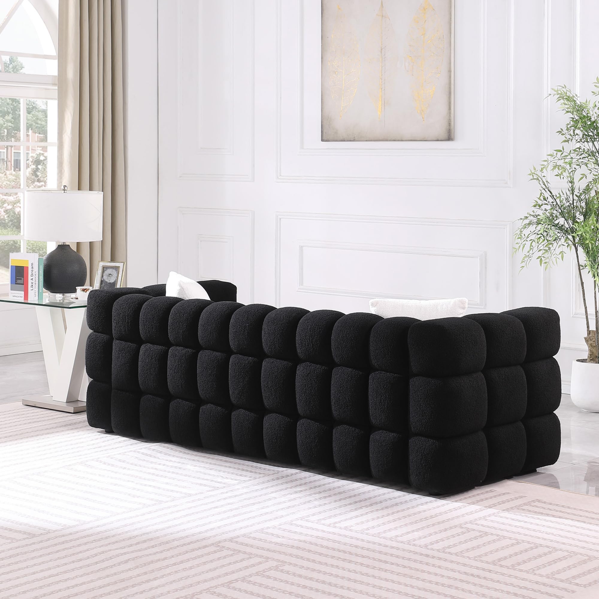 GNIXUU Cloud Sofa Large Couch, Modern Marshmallow Boucle Fabric Couches with Plastic Legs Upholstered Tufted 3 Seater Sofa with 2 Pillows for Living Room, Bedroom, Office, 84 Inch Wide(Black)