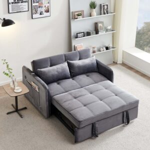 jeeohey sleeper sofa couch,55.5" modern 3-in-1 tufted velvet convertible pull out couch with usb, adjustable backrest small futon loveseat sofa bed for small space livingroom apartment office,grey