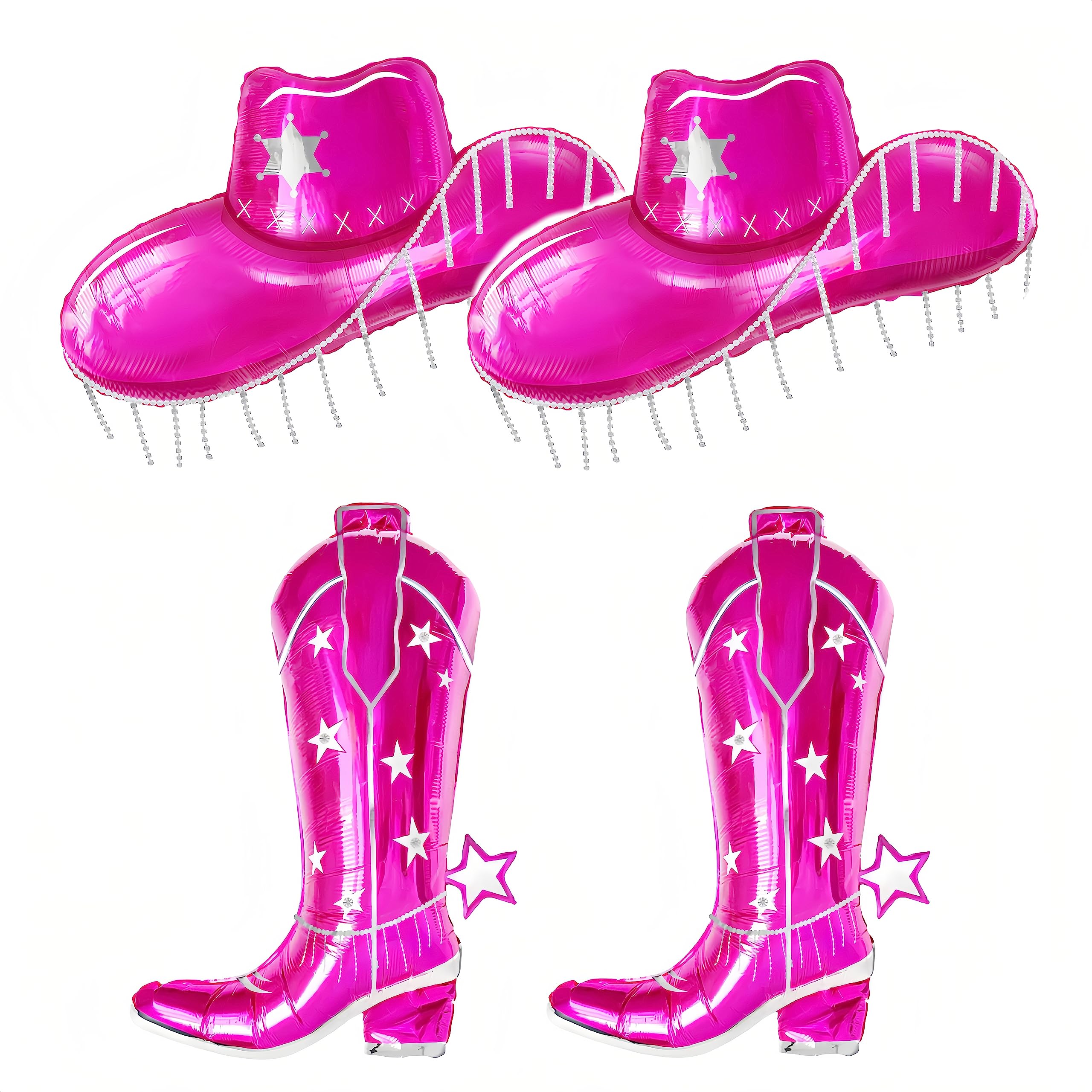 4 PCS Pink Cowgirl Boot+Hat Foil Balloon/Cowgirl Cowboy Hat Balloon/Western Cow Party Decorations/Last Rodeo Party/Disco Birthday Decorations/Country Party/Girly Pink Western Cowgirl Party