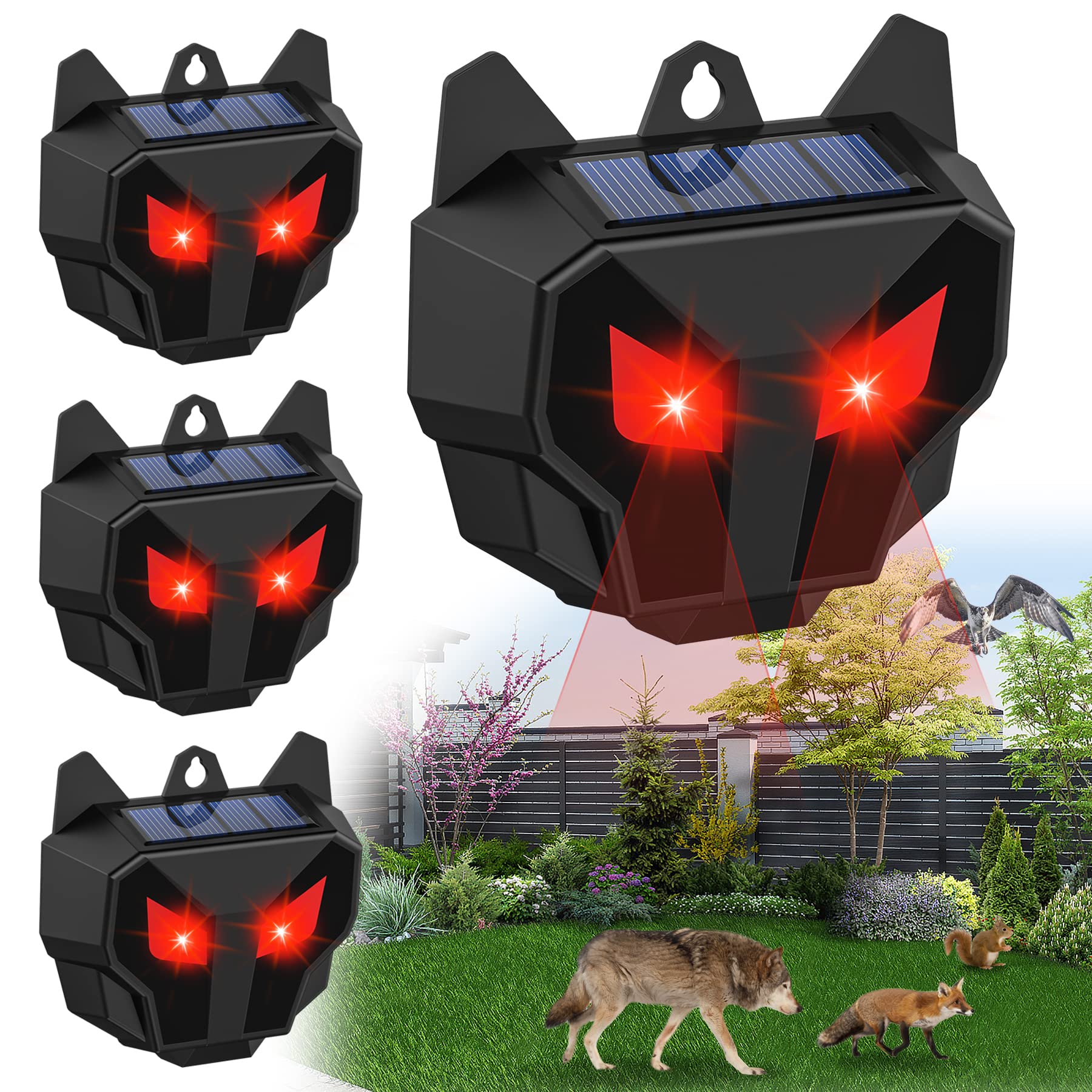 4 Pack Solar Nocturnal Animal Repeller Outdoor, Predator Deterrent with Red Lights, Waterproof Wild Animals Dog Repellent for Chicken Coop, Cat, Skunk, Wolf, Deer, Coyote, Fox, Raccoon