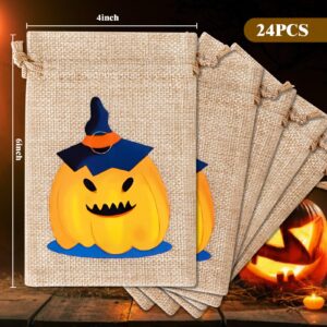 WenTao Halloween Burlap Gift Bags with Drawstrings, 24PCS Candy Pouch Halloween Treat Bags with Different Designs