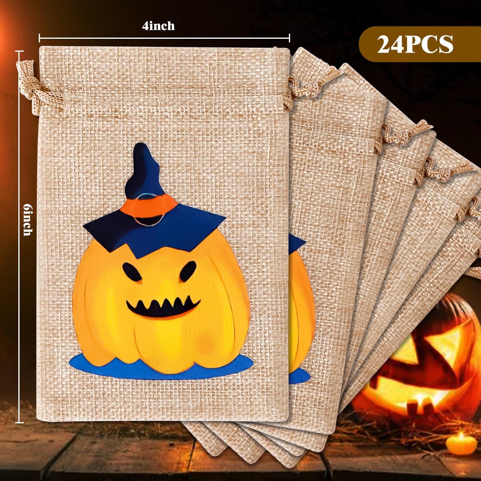 WenTao Halloween Burlap Gift Bags with Drawstrings, 24PCS Candy Pouch Halloween Treat Bags with Different Designs