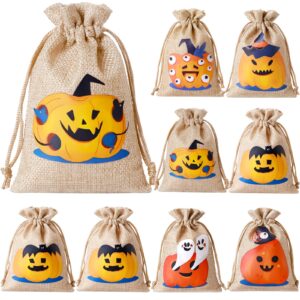 wentao halloween burlap gift bags with drawstrings, 24pcs candy pouch halloween treat bags with different designs