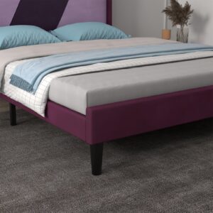 VORTEXTOVE King Size Bed Frame, Velvet Bed Frame with Upholstered Headboard, Platform Bed Frame with Strong Wooden Slats, No Box Spring Needed, Easy Assembly, Purple