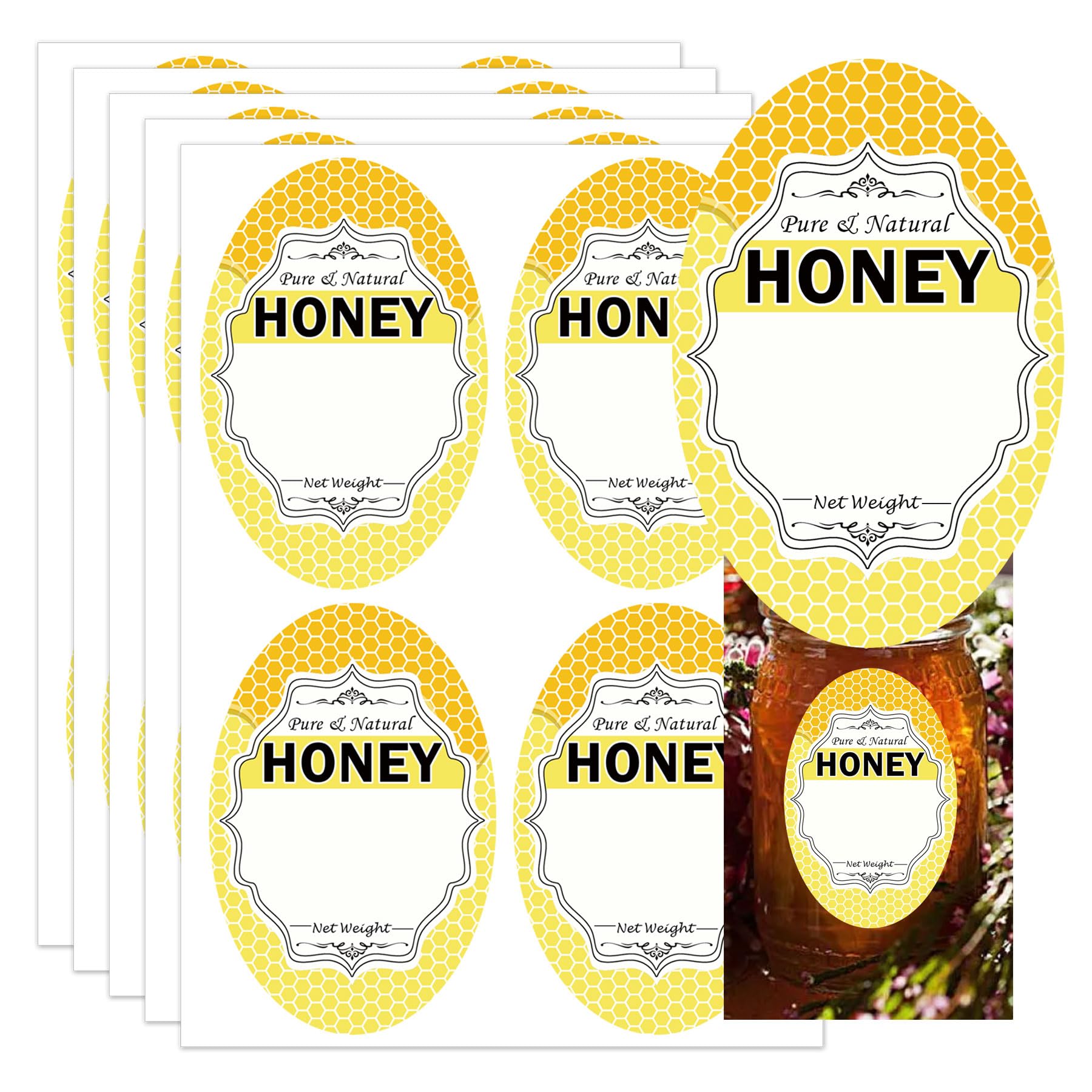 Oval Pure Natural Honey Jars and Bottles Labels 2 x 3 Inch Honey Bee Bottling Labels - Honey Farm Kitchen Name Home Business Round Mason Jar Labels for Honey Quart Jars and Honey Bears 60 Pcs