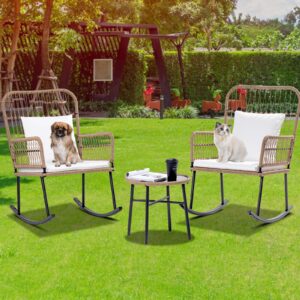 3-pieces patio outdoor rocking chairs set,beige wicker patio furniture set rattan woven blacony furniture set for outdoor indoor with washable white cushions and glass coffee table