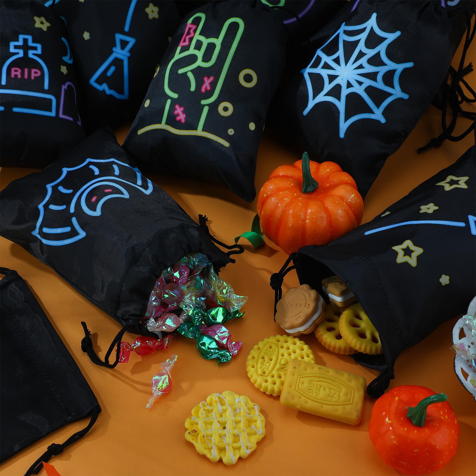 Liliful 36 Pcs Halloween Drawstring Treat Bags, 5.51" x 7.48" Black Cloth Small Shining Halloween Goodie Candy Gift Bags Bulk for Trick or Treat Halloween Party Favors Goodies Decorations Supplies