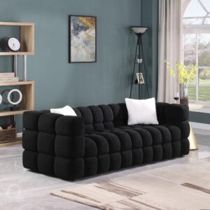 GNIXUU Cloud Sofa Large Couch, Modern Marshmallow Boucle Fabric Couches with Plastic Legs Upholstered Tufted 3 Seater Sofa with 2 Pillows for Living Room, Bedroom, Office, 84 Inch Wide(Black)