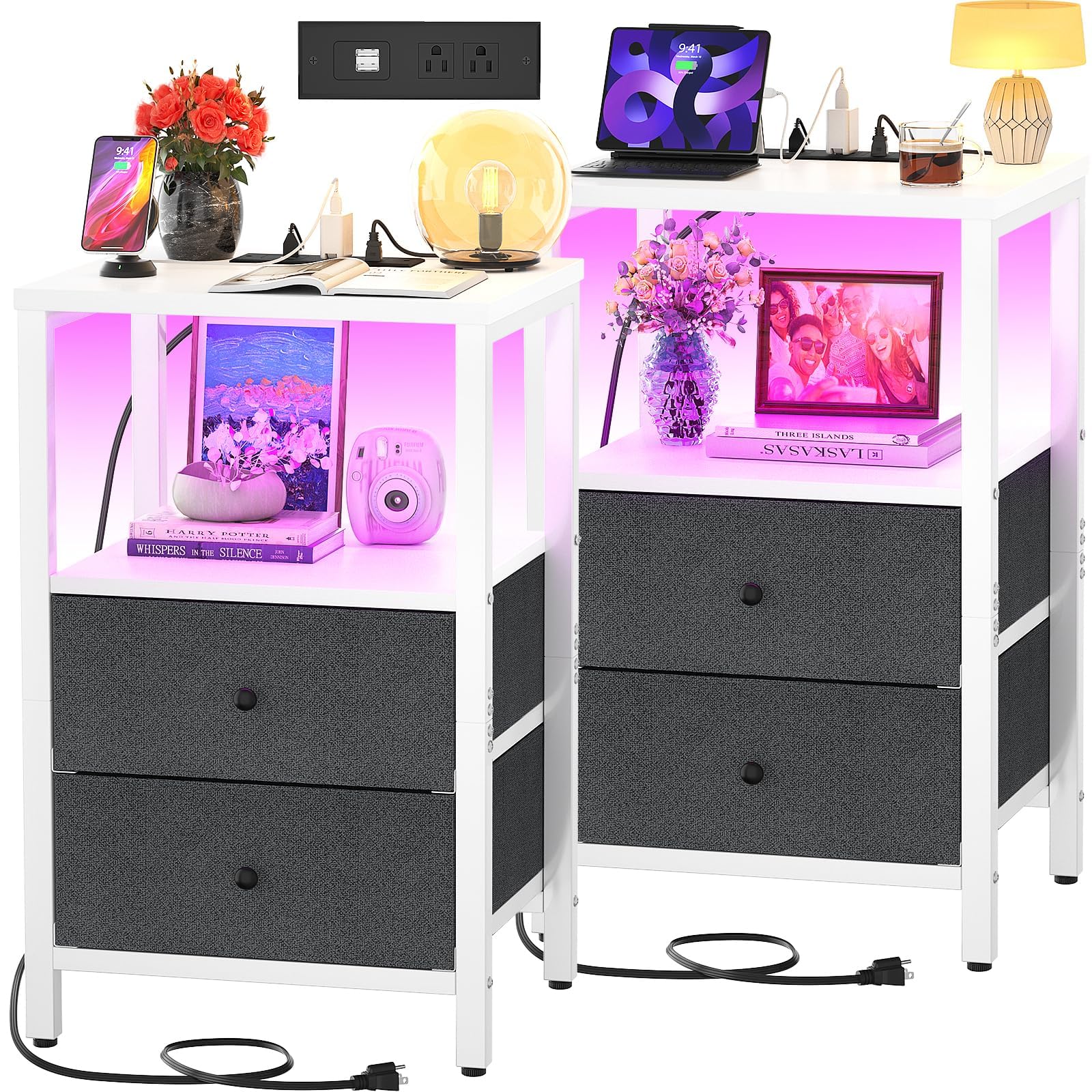 Cyclysio Nightstands Set of 2 with Charging Station, Night Stand with LED Lights, 25.6'' End Table Bedside Tables with 2 Drawers, 3 Tier Tall Night Stand with Storage for Bedroom Living Room, White