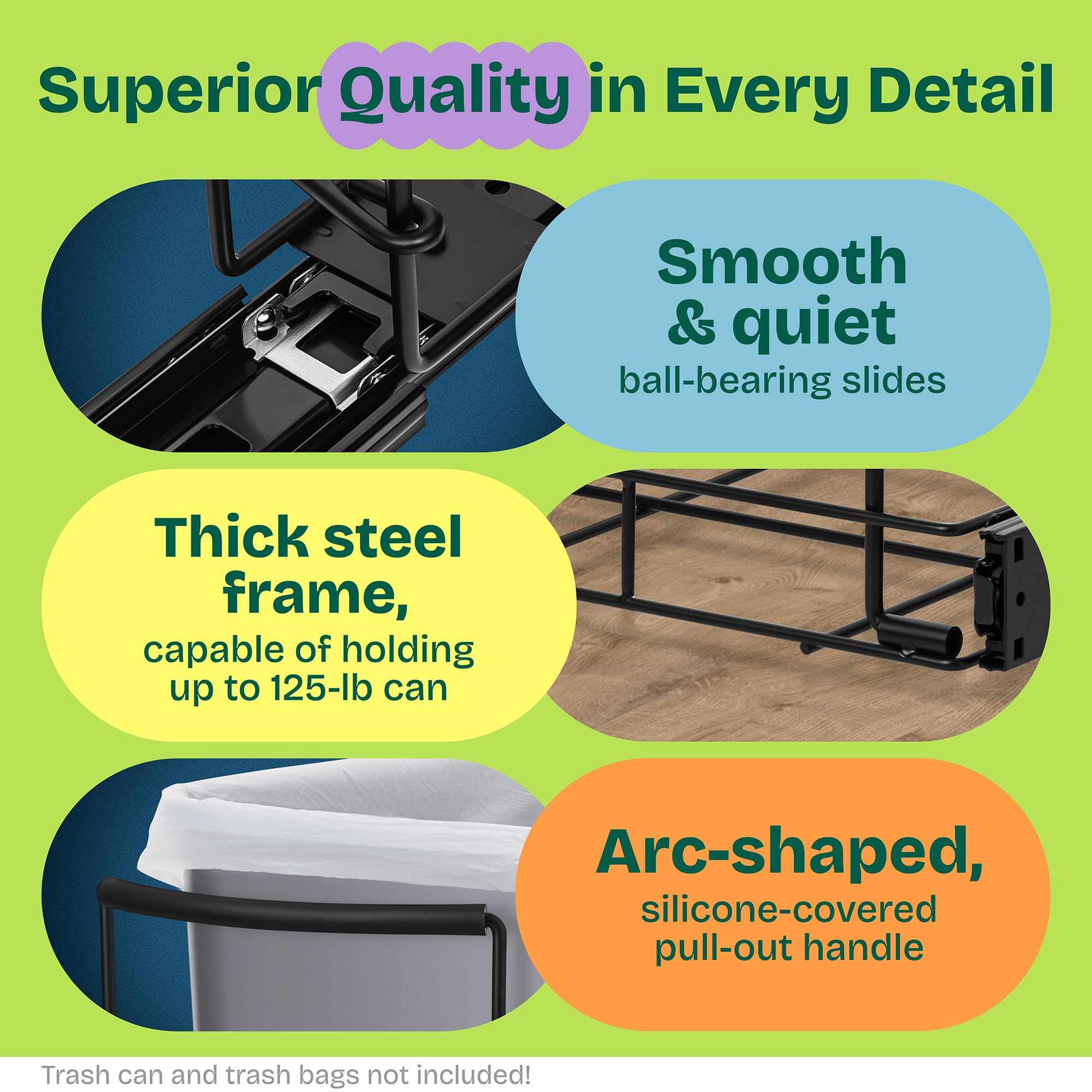 Spaces Tools Pull Out Trash Can Under Cabinet Shelf - Under Sink Trash Can Pull Out Slider for 30–40 Quart Cans Up to 125 lb - Cabinet Trash Can Pull Out Kit w/Garbage Bag Holder - (Can Not Included)