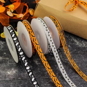 2 Rolls 50 Yards Halloween Ribbon 3/8 Inch Wide, Bat and Ghost Grosgrain Ribbon for Gift Wrapping, Halloween Decoration, Sewing, DIY Crafts (Orange/Black)