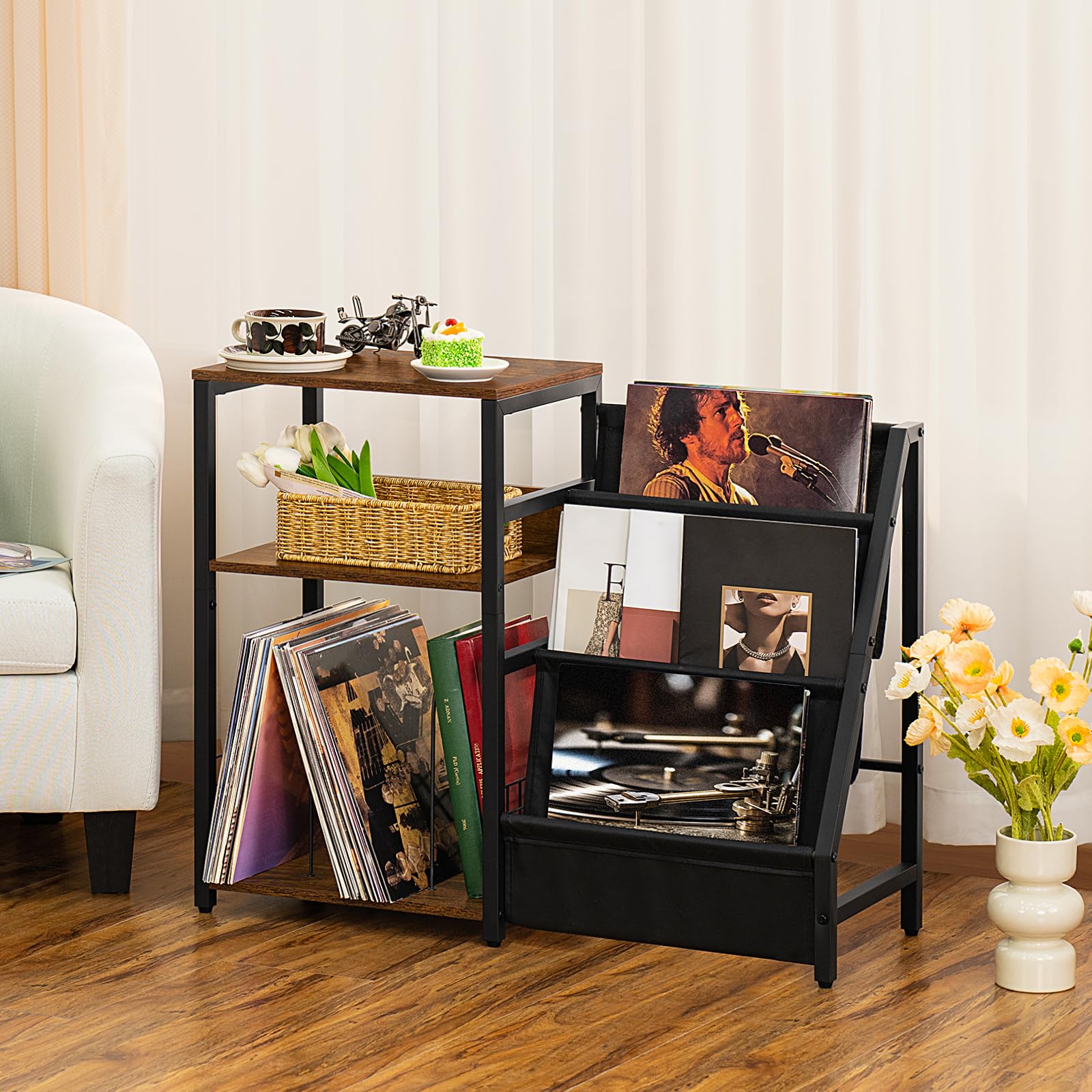 LELELINKY Record Player Stand with Vinyl Storage, 3 Tier Turntable Stand with Display Shelf Storage Up to 150 Albums,Brown End Table for Living Room