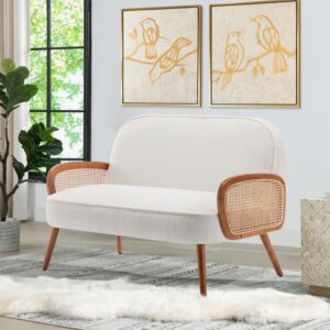 wentment loveseat sofa small couch for living room teddy love seat with natural rattan armrest and solid wooden legs small sofa for small space, bedroom, apartment（white）