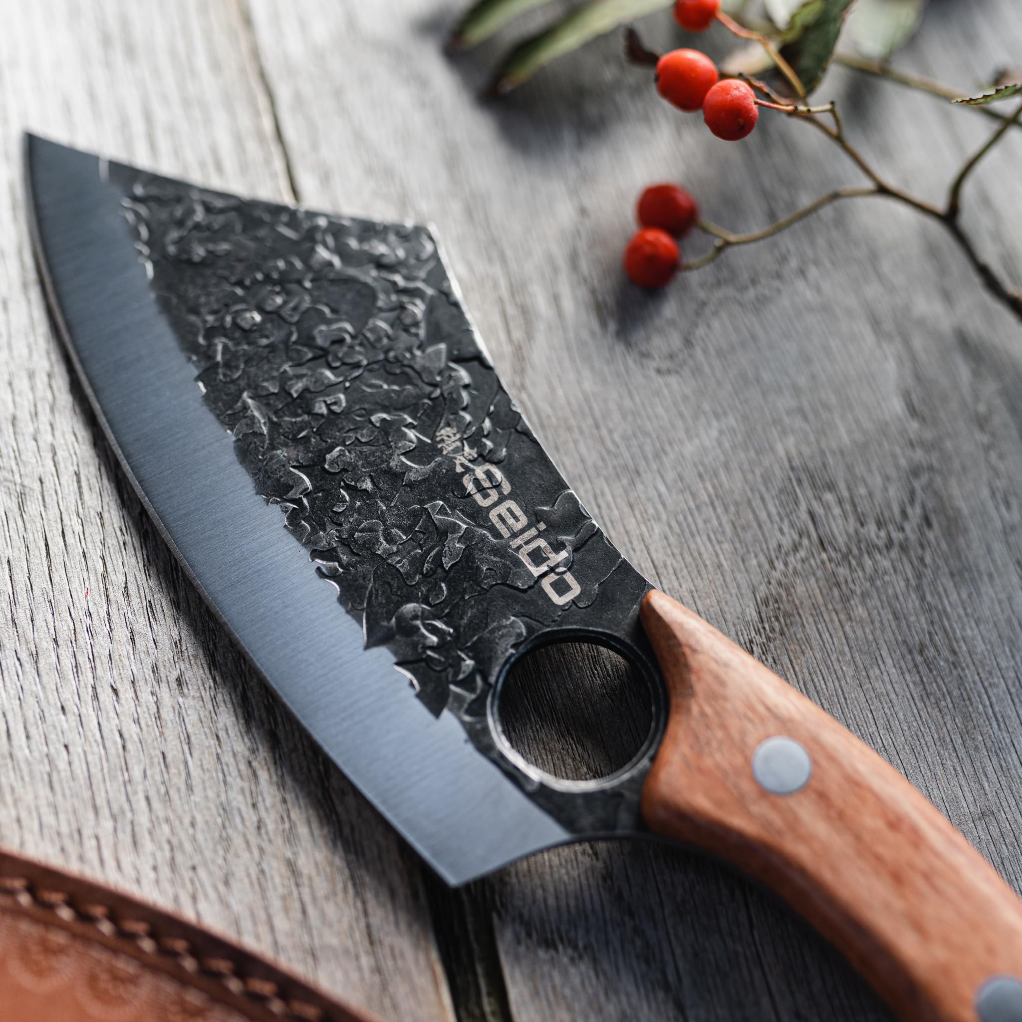 Seido Knives Hakai Chef Cleaver Knife with Curve Rosewood Handle and Premium Leather Sheath - Artisan Crafted High Carbon Stainless Steel for Kitchen, Camping, and BBQ