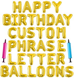 happy birthday balloon banner custom phrase balloons letter 16 inch personalized alphabet letters foil mylar balloons (gold)