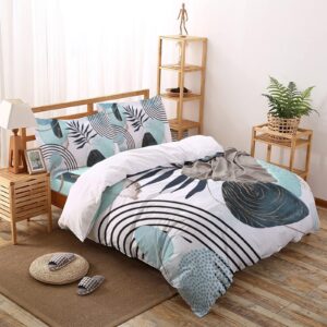 Duvet Cover Set of 4 Queen Size Abstract Mid Century Comforter Sets, Modern Geometric Plants Teal Bedding Set with Zipper Closure and 2 Pillow Cases, Soft Bed Covers Bedroom Decor for All Season