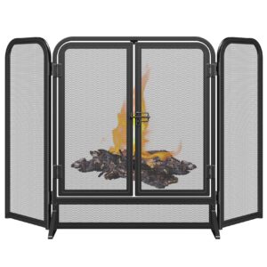 mr ironstone 3 panel fireplace screen 51.5" w x 32.5" h modern foldable with wrought metal decorative mesh, heavy duty fire spark guard cover for home decor indoor, black