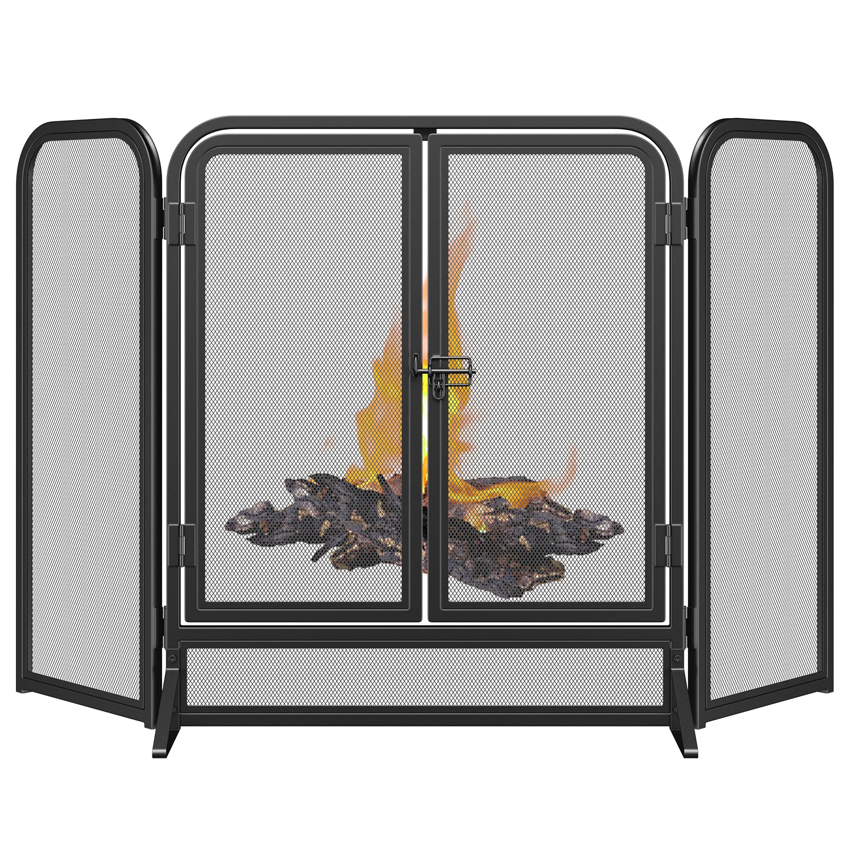 Mr IRONSTONE 3 Panel Fireplace Screen 51.5" W x 32.5" H Modern Foldable with Wrought Metal Decorative Mesh, Heavy Duty Fire Spark Guard Cover for Home Decor Indoor, Black