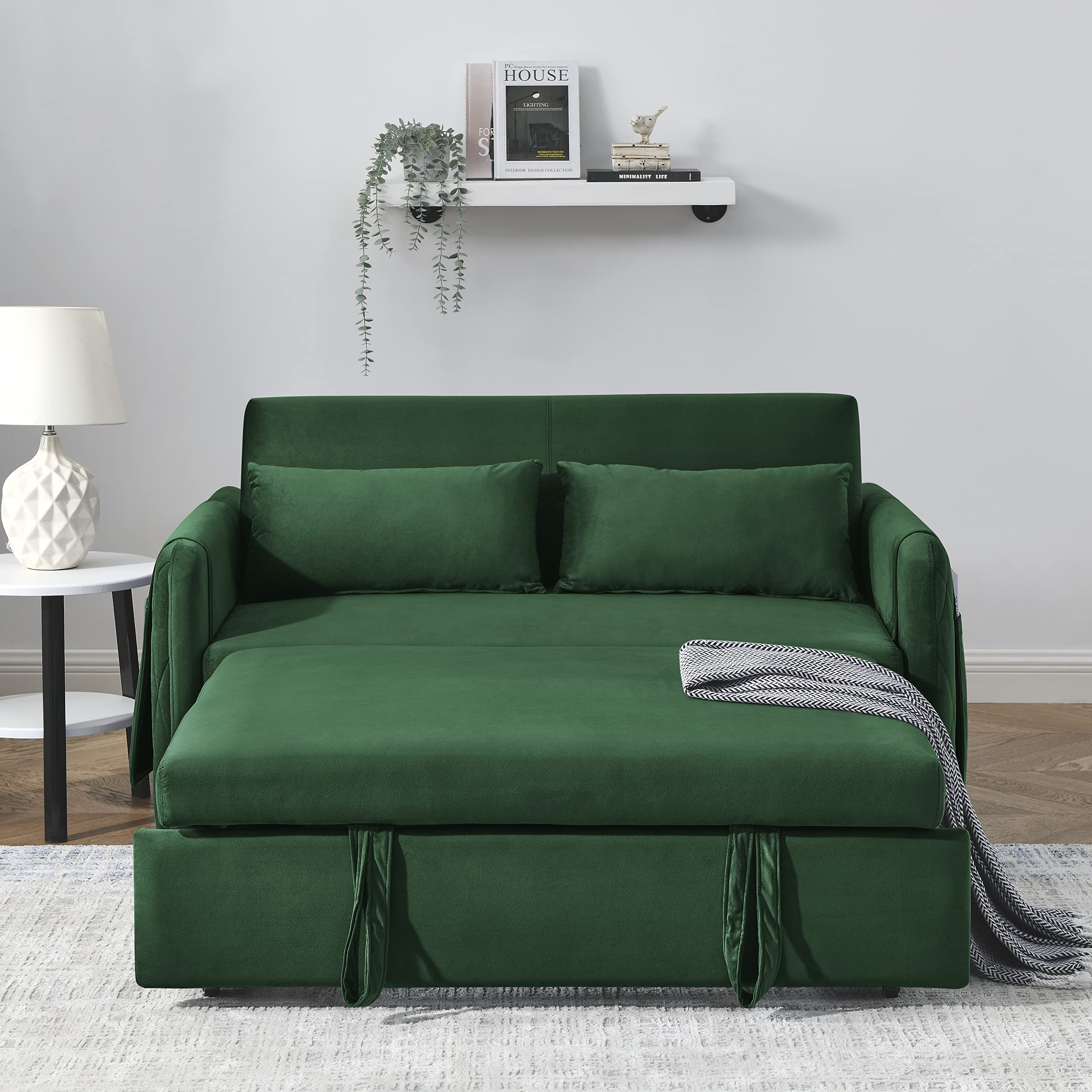 Merax 55" Loveseat with Pull Out Bed, 3 in 1 Convertible Velvet Sleeper Sofa Bed with Adjustable Backrest & 2 Pillows, 2 Arm Pocket for Living Room or Apartments, Green