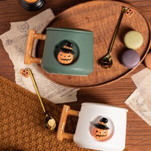 DIHOclub Adorable 3D Ceramic Pumpkin Head Mug with Lid and Spoon - Perfect for Coffee, Tea, Milk, and More - Ideal Gift for Halloween - 14 Ounces (HalloweenG)