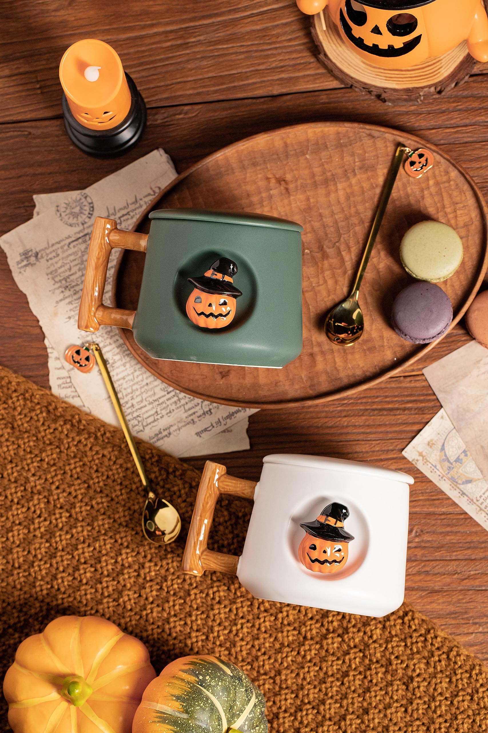 DIHOclub Adorable 3D Ceramic Pumpkin Head Mug with Lid and Spoon - Perfect for Coffee, Tea, Milk, and More - Ideal Gift for Halloween - 14 Ounces (HalloweenG)