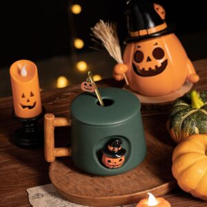 DIHOclub Adorable 3D Ceramic Pumpkin Head Mug with Lid and Spoon - Perfect for Coffee, Tea, Milk, and More - Ideal Gift for Halloween - 14 Ounces (HalloweenG)