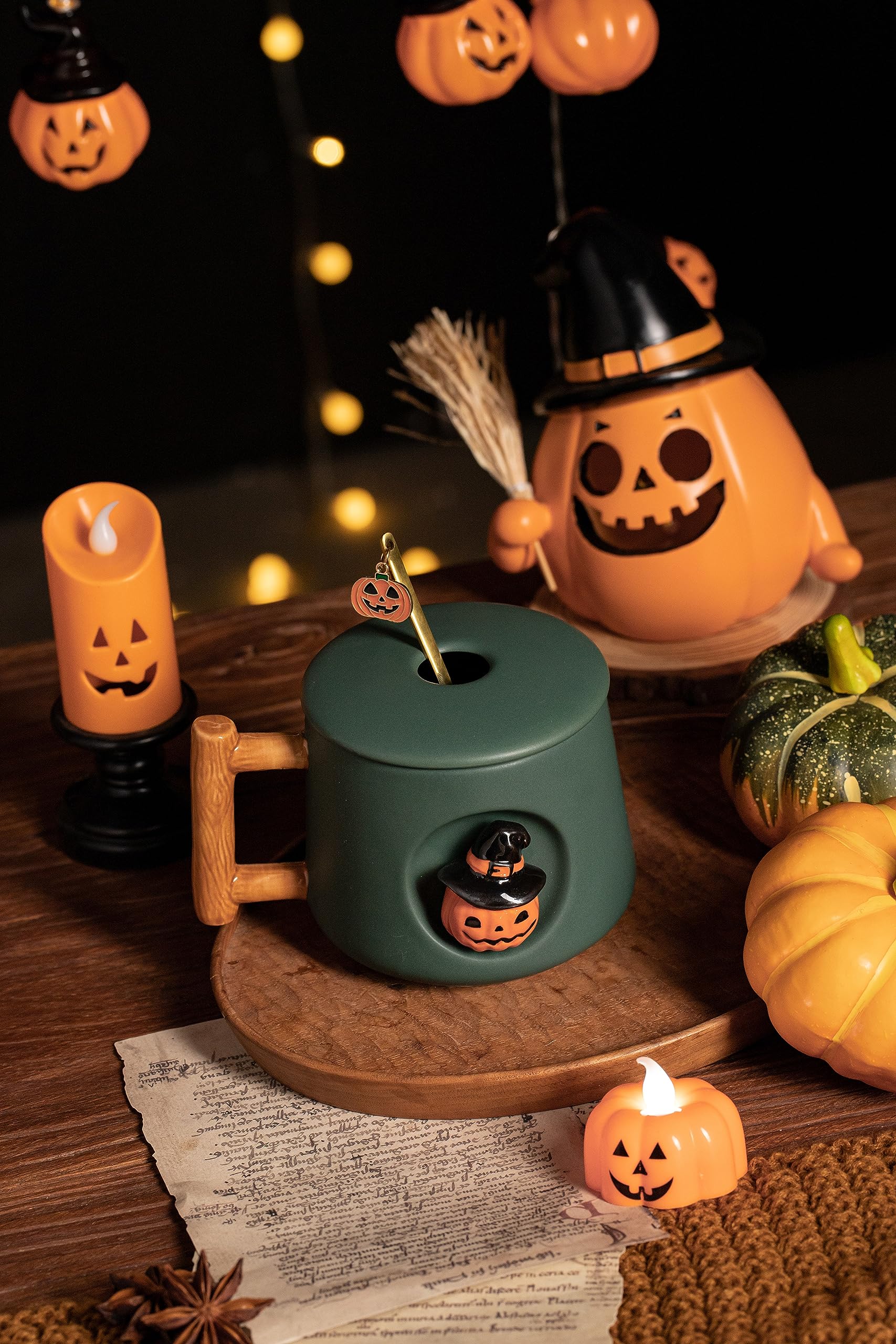 DIHOclub Adorable 3D Ceramic Pumpkin Head Mug with Lid and Spoon - Perfect for Coffee, Tea, Milk, and More - Ideal Gift for Halloween - 14 Ounces (HalloweenG)