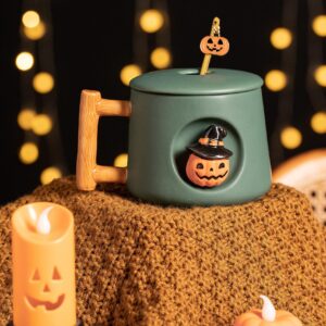 DIHOclub Adorable 3D Ceramic Pumpkin Head Mug with Lid and Spoon - Perfect for Coffee, Tea, Milk, and More - Ideal Gift for Halloween - 14 Ounces (HalloweenG)