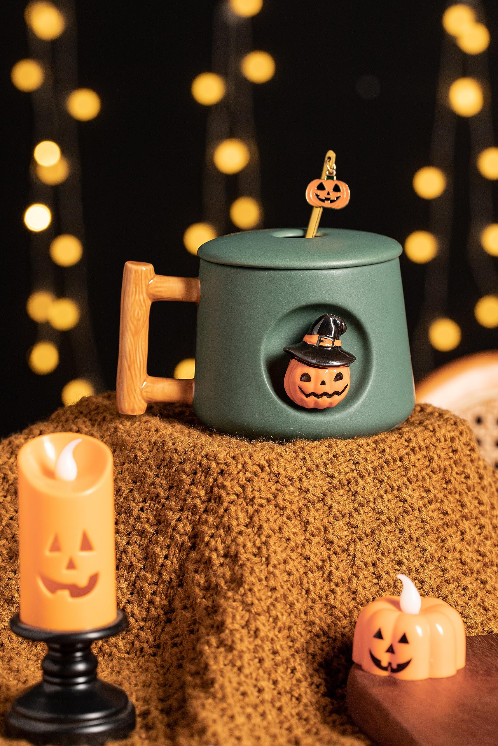 DIHOclub Adorable 3D Ceramic Pumpkin Head Mug with Lid and Spoon - Perfect for Coffee, Tea, Milk, and More - Ideal Gift for Halloween - 14 Ounces (HalloweenG)